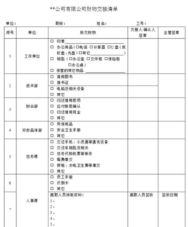 交接清单模板(范本)